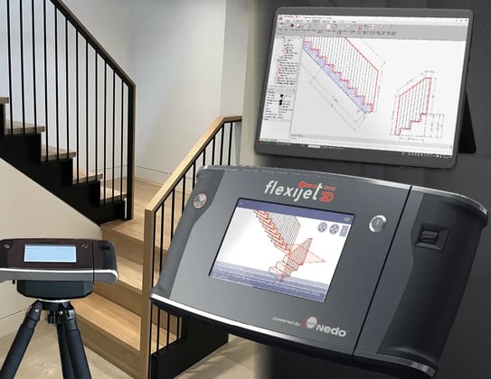 Flexijet at a glance stairs and railings measurement photo, completed project stairs and metal railings Flexijet in shot and with final measurement / CAD drawing elements inset overlay on Flexijet screen and IPad.