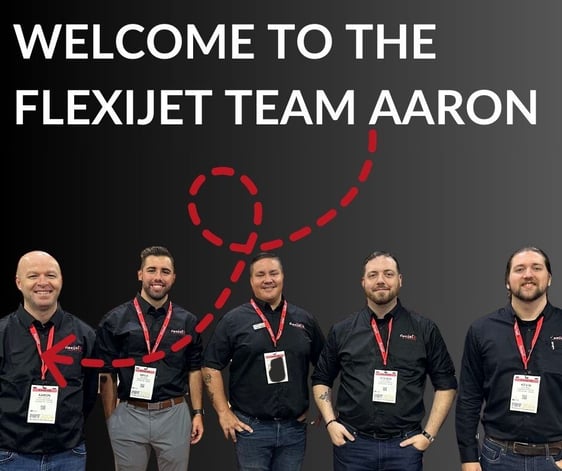 WELCOME TO THE FLEXIJET TEAM AARON white text over layouts black background with Support team cut out with an red dotted arrow pointing at Arron on the left of the image. 