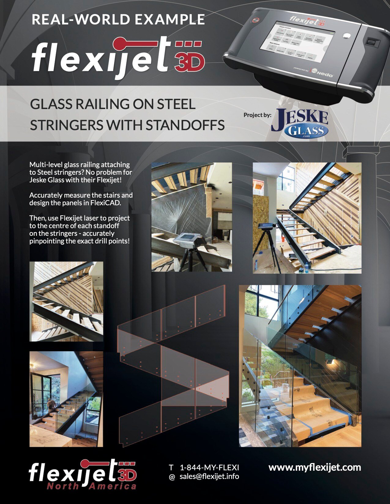 Flexijet Real World Example - Glass industry - Glass Railing On Steel Stringers With Standoffs Project by Jeske Glass, thumb nail image for download.