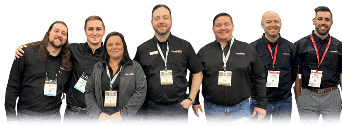 Contact Us Flexijet Website Banner - Cut out image of Measurement Expert Team, stood in a group, smiling happy team - Kevin, Daniel, Leticia, Josa, Steven overlays grey architecture image