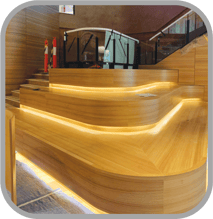 Customer final result industry image - stunning wooden staircase with strip lighting. 